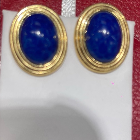 Authentic Vintage Christian Dior clip earrings lapis Glass oval Clip -on - Picture 3 of 5